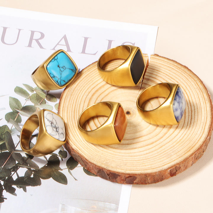 Anello in pietra naturale Olivenorma taglio quadrato placcato oro 18K