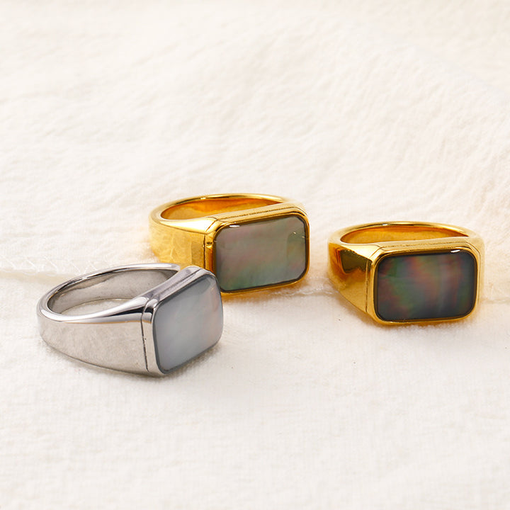 Anello in acciaio al titanio con conchiglia di abalone rettangolare in madreperla Olivenorma - image 0