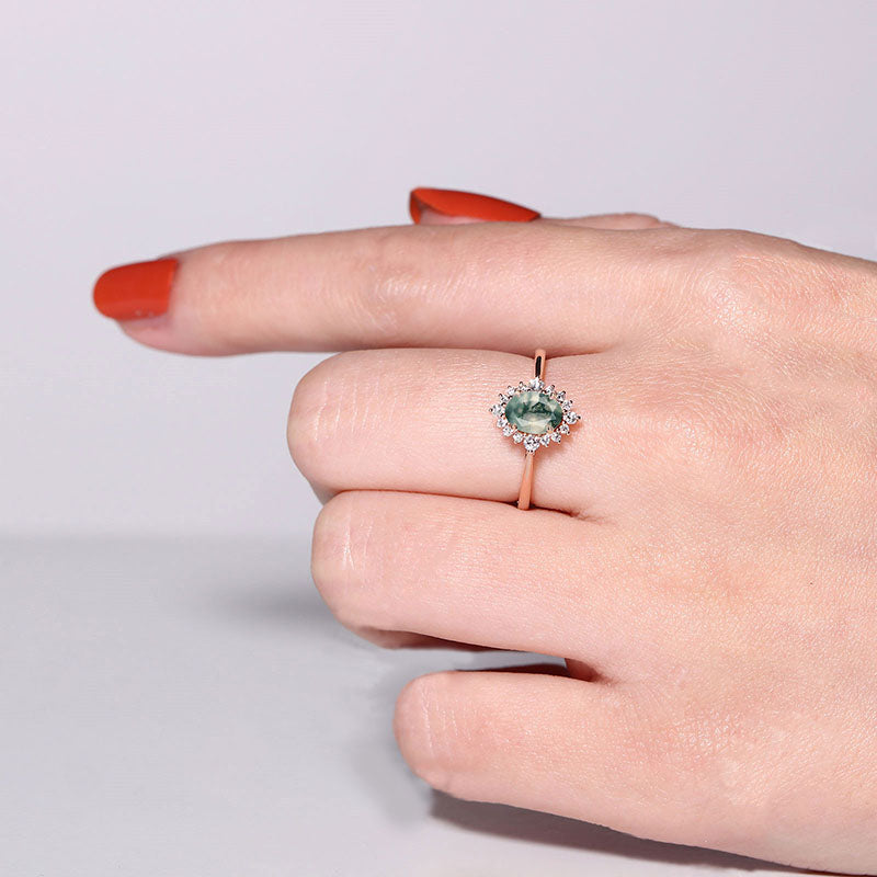 Anello di fidanzamento Olivenorma Vintage in agata muschiata e zircone bianco