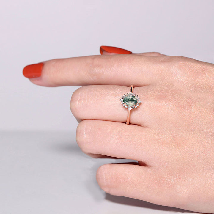 Anello di fidanzamento Olivenorma Vintage in agata muschiata e zircone bianco