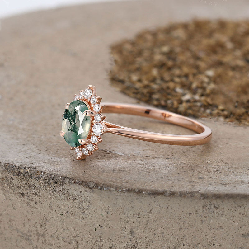 Anello di fidanzamento Olivenorma Vintage in agata muschiata e zircone bianco