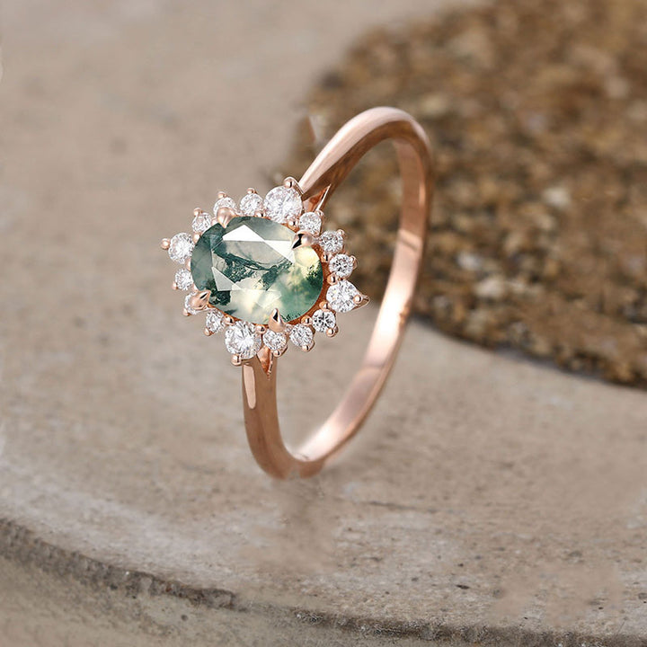 Anello di fidanzamento Olivenorma Vintage in agata muschiata e zircone bianco