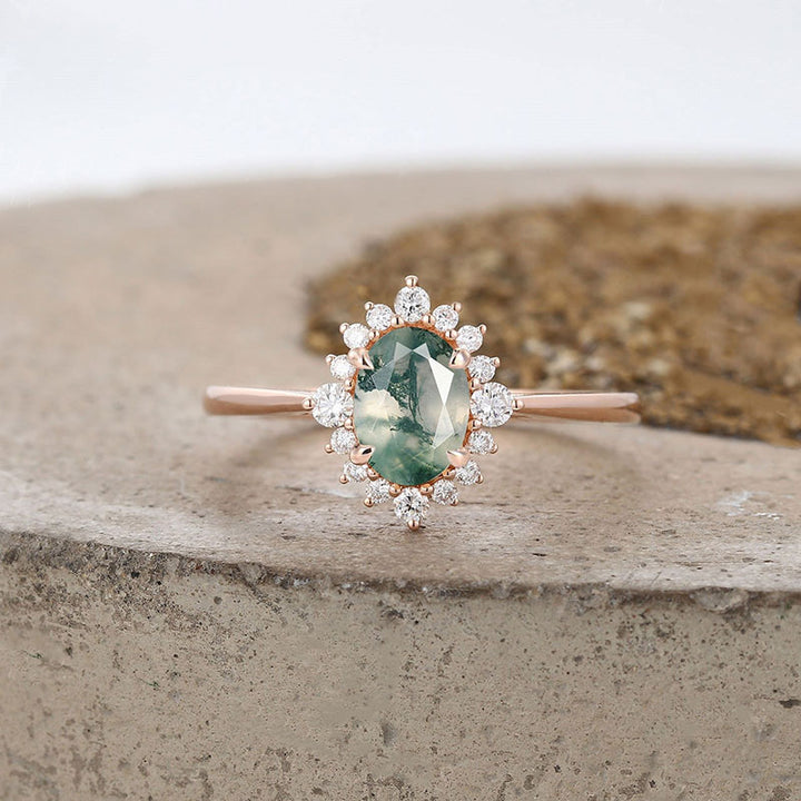 Anello di fidanzamento Olivenorma Vintage in agata muschiata e zircone bianco