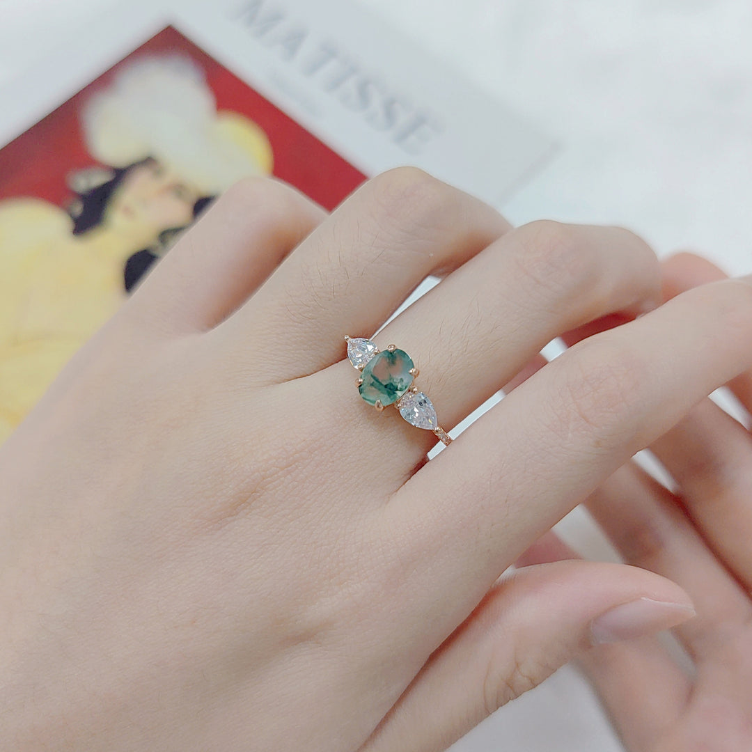 Anello in zircone bianco bilaterale in agata muschiata Olivenorma