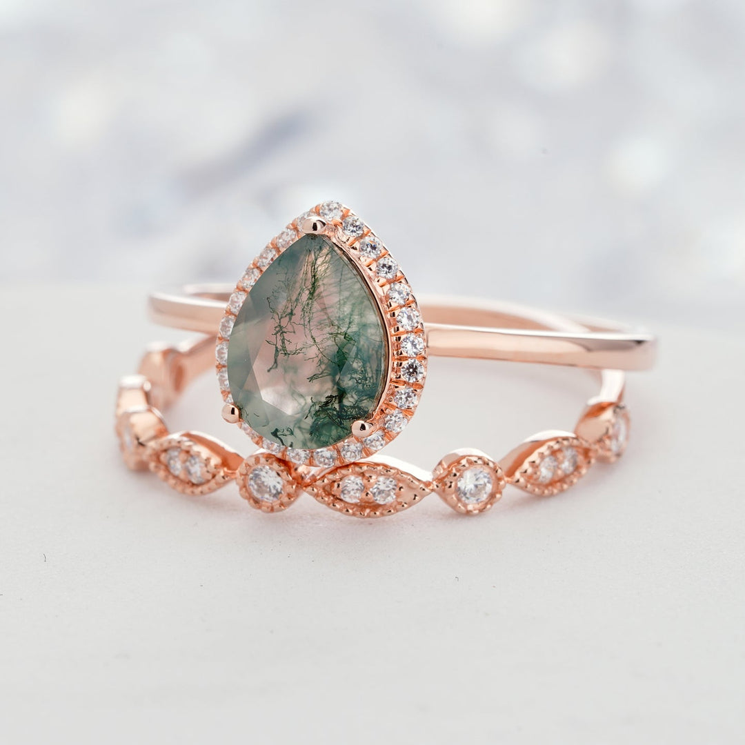 Anello di fidanzamento Olivenorma in agata muschiata taglio a pera
