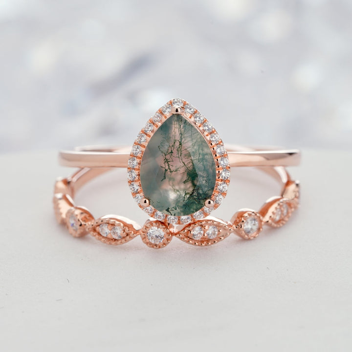 Anello di fidanzamento Olivenorma in agata muschiata taglio a pera