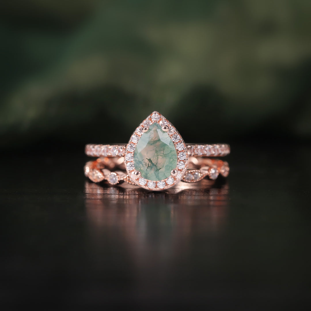 Anello di fidanzamento Olivenorma in agata muschiata taglio a pera