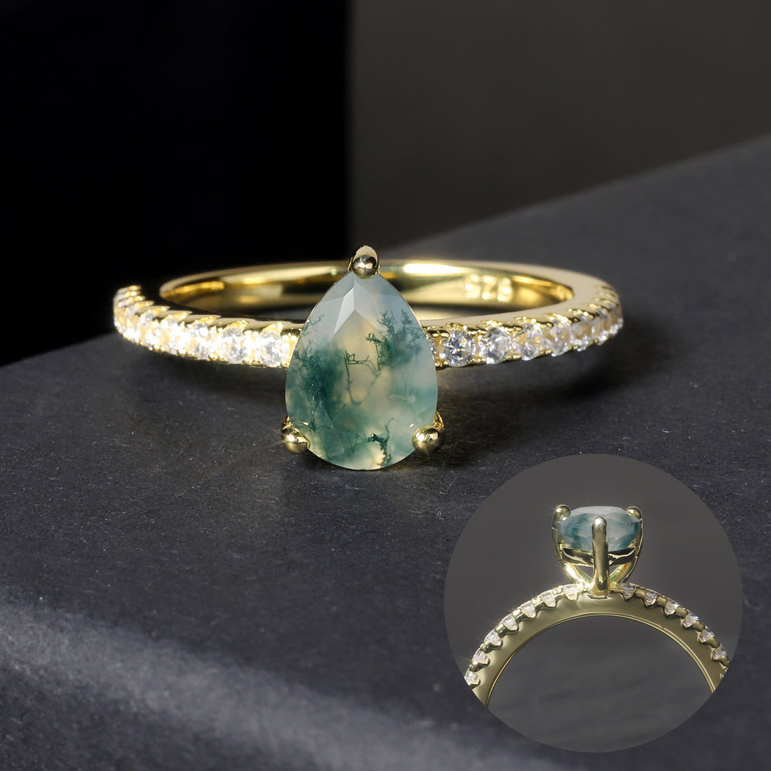 Anello Olivenorma a forma di goccia in agata muschiata con zircone bianco intarsiato