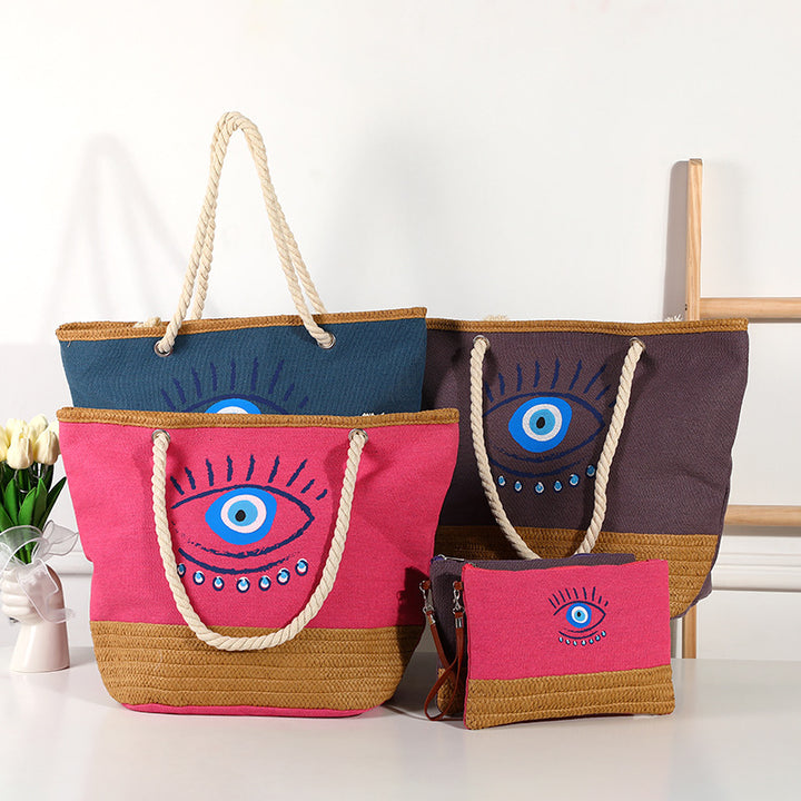 Olivenorma Borsa da spiaggia in tela e paglia patchwork Evil Eye