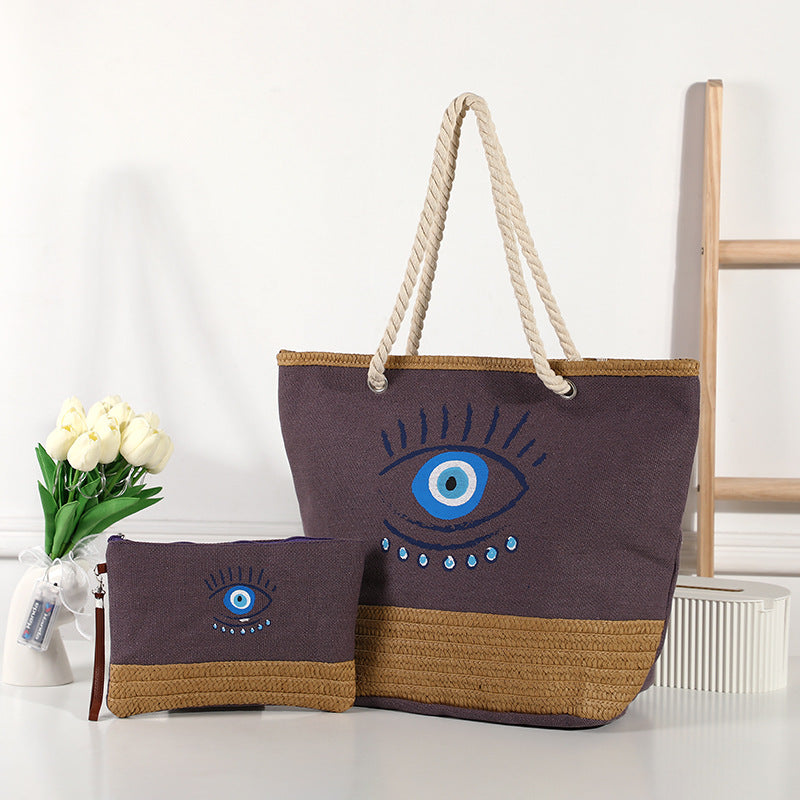 Olivenorma Borsa da spiaggia in tela e paglia patchwork Evil Eye