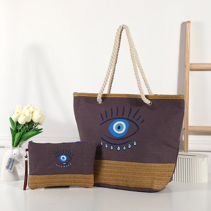 Olivenorma Borsa da spiaggia in tela e paglia patchwork Evil Eye
