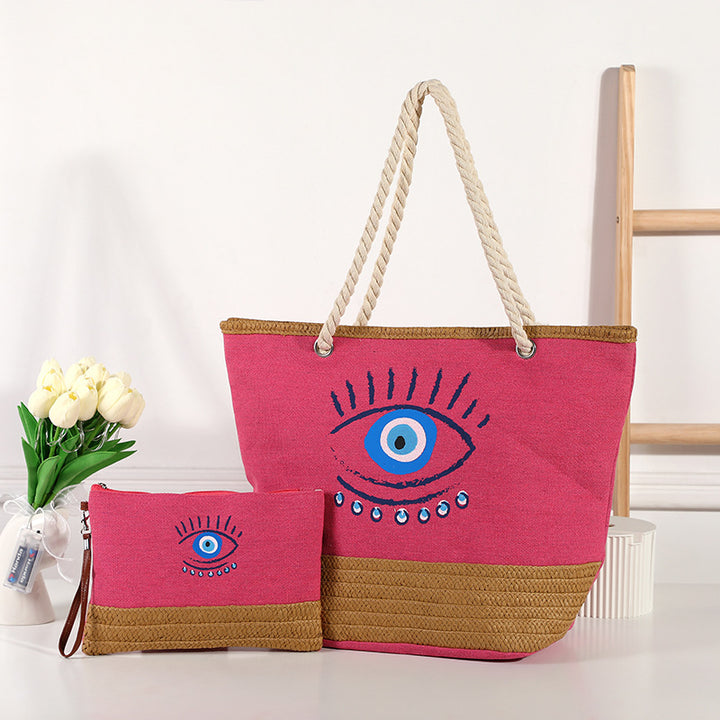 Olivenorma Borsa da spiaggia in tela e paglia patchwork Evil Eye