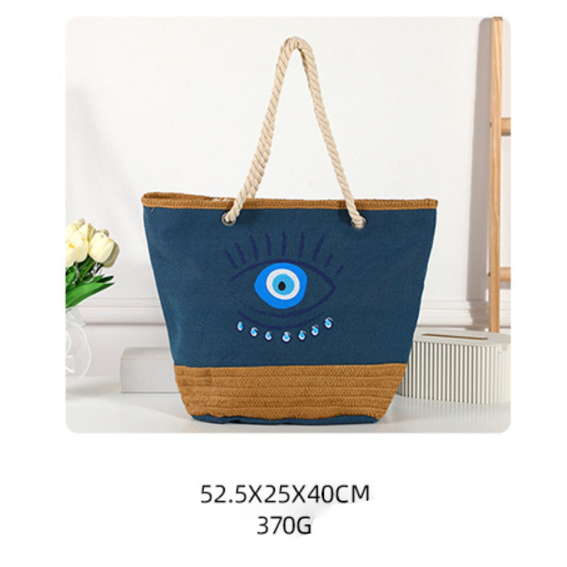 Olivenorma Borsa da spiaggia in tela e paglia patchwork Evil Eye