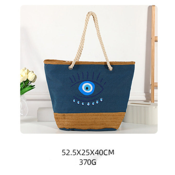Olivenorma Borsa da spiaggia in tela e paglia patchwork Evil Eye