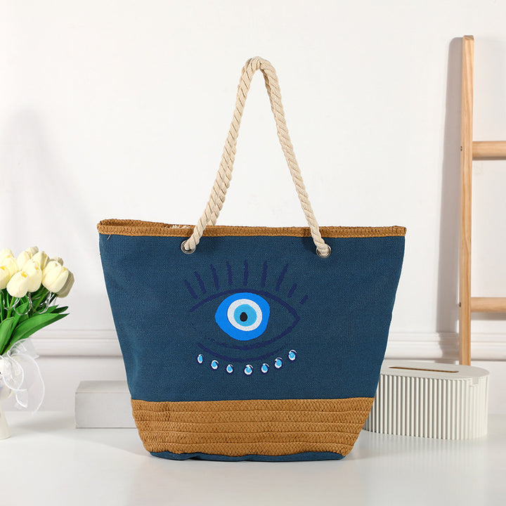 Olivenorma Borsa da spiaggia in tela e paglia patchwork Evil Eye