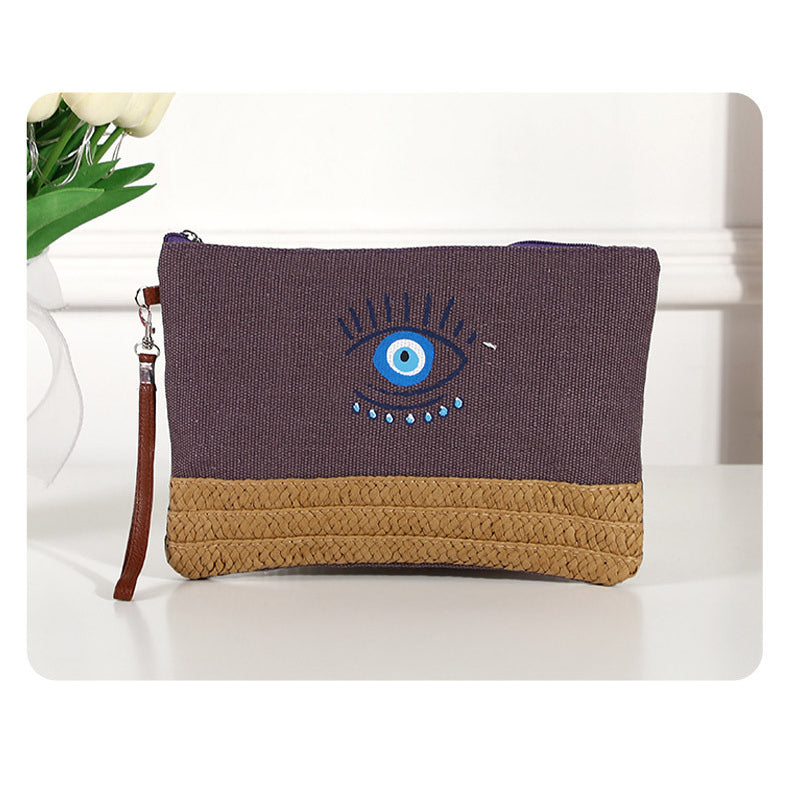 Olivenorma Borsa da spiaggia in tela e paglia patchwork Evil Eye