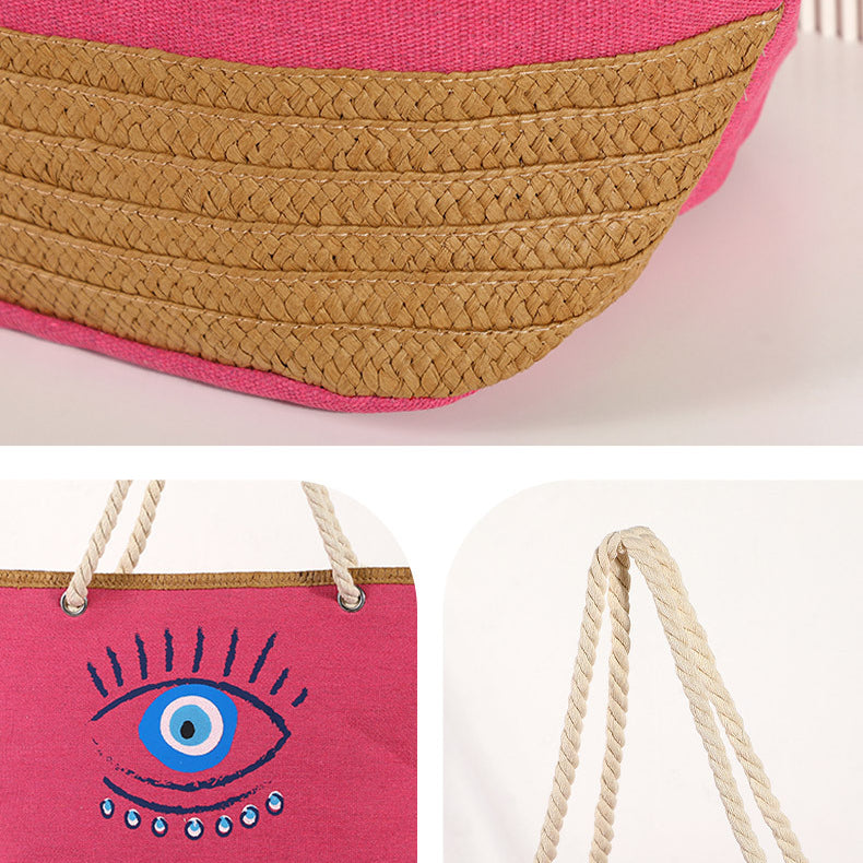 Olivenorma Borsa da spiaggia in tela e paglia patchwork Evil Eye - image 5