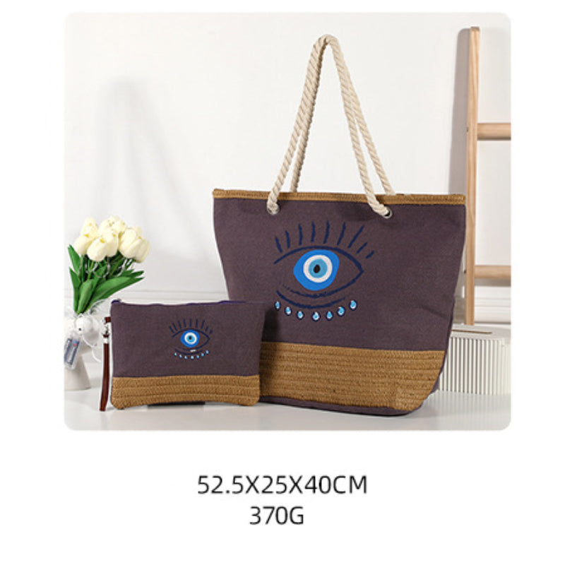 Olivenorma Borsa da spiaggia in tela e paglia patchwork Evil Eye - Marrone - Borsa grande: 52,5*25*40cm - image 7