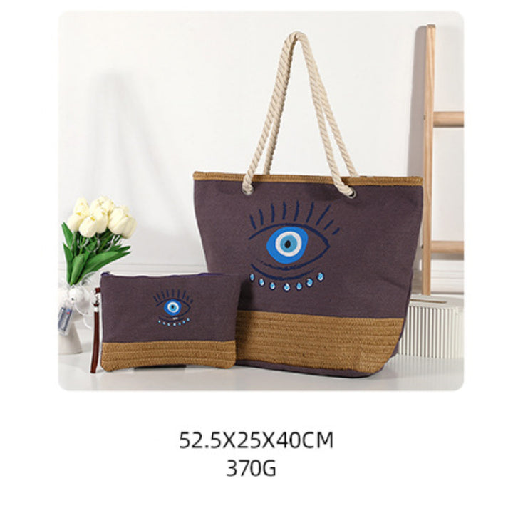 Olivenorma Borsa da spiaggia in tela e paglia patchwork Evil Eye - Marrone - Borsa grande: 52,5*25*40cm - image 7