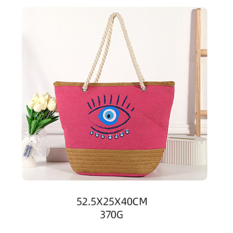 Olivenorma Borsa da spiaggia in tela e paglia patchwork Evil Eye - Rosa rossa - Borsa grande: 52,5*25*40 cm - image 1
