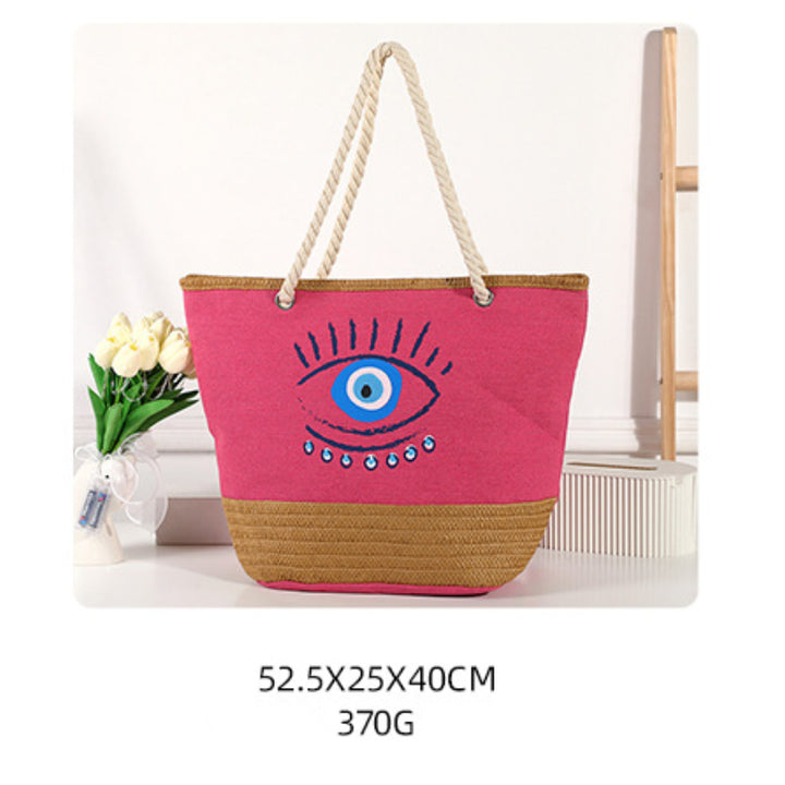 Olivenorma Borsa da spiaggia in tela e paglia patchwork Evil Eye - Rosa rossa - Borsa grande: 52,5*25*40 cm - image 1