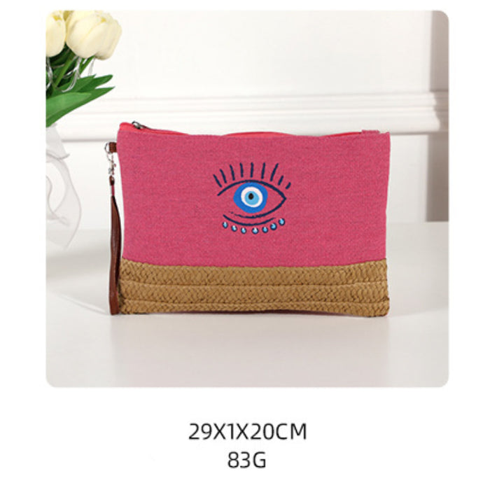 Olivenorma Borsa da spiaggia in tela e paglia patchwork Evil Eye