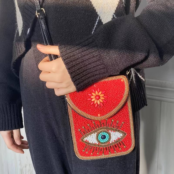 Olivenorma Borsa per cellulare Hamsa con perline bohémien e occhio malvagio