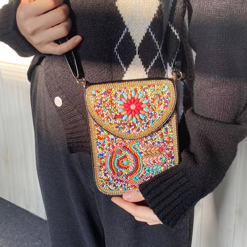 Olivenorma Borsa per cellulare Hamsa con perline bohémien e occhio malvagio