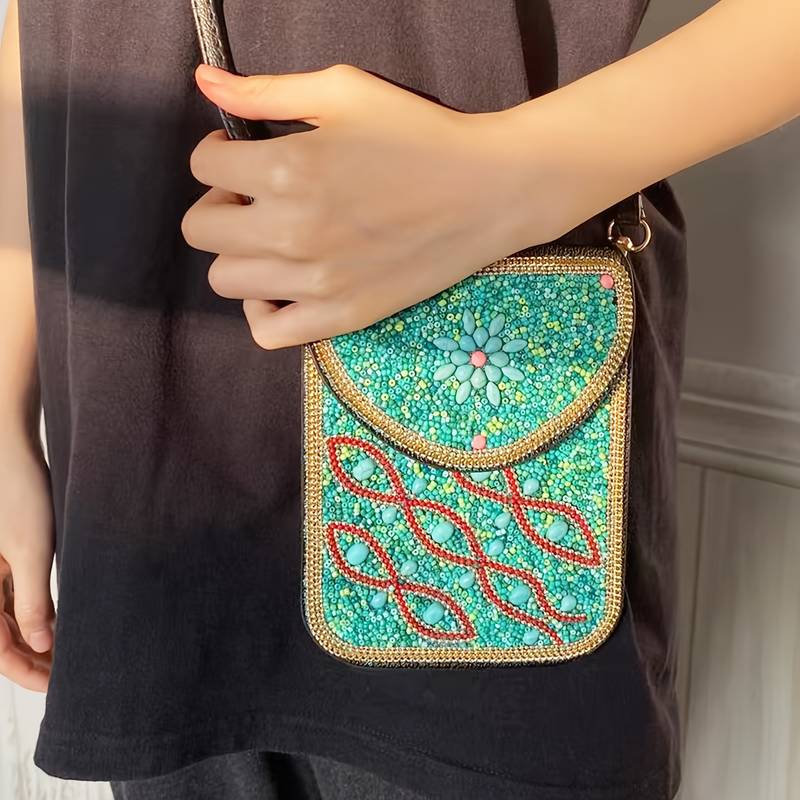 Olivenorma Borsa per cellulare con fiori di perline bohémien 