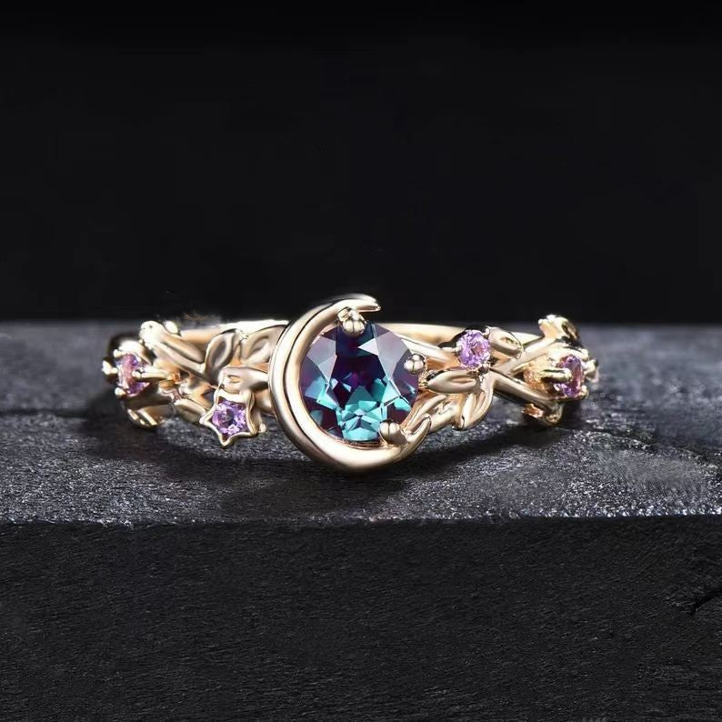 Anello di fidanzamento Olivenorma Moon Star con alessandrite e foglia ametista che cambia colore - Oro - 10 - image 1
