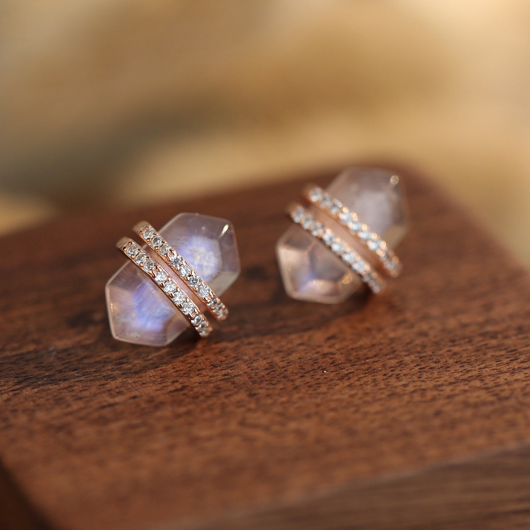 Orecchini Olivenorma in argento Sterling S925 con zirconi bianchi e pietra di luna esagonale 