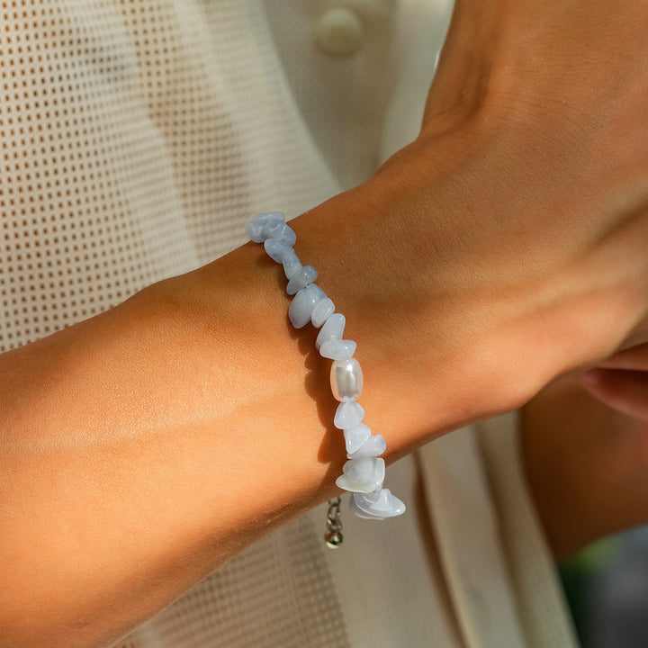 Bracciale da uomo in calcedonio blu naturale Olivenorma con perle d'acqua dolce
