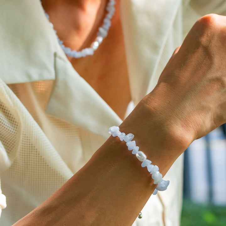 Bracciale da uomo in calcedonio blu naturale Olivenorma con perle d'acqua dolce