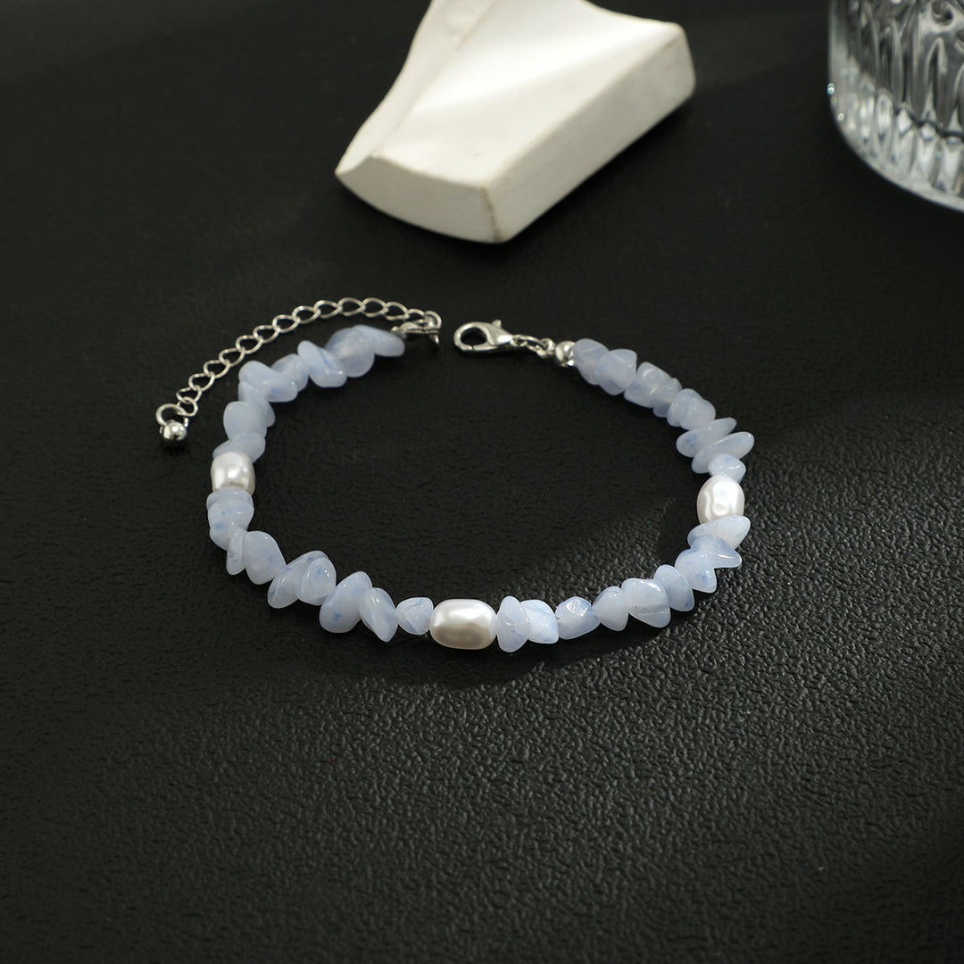 Bracciale da uomo in calcedonio blu naturale Olivenorma con perle d'acqua dolce