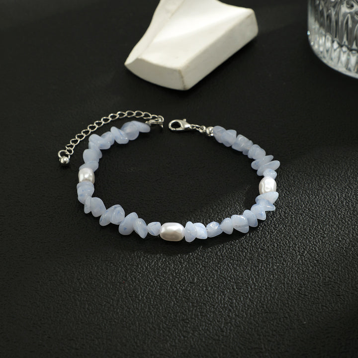 Bracciale da uomo in calcedonio blu naturale Olivenorma con perle d'acqua dolce