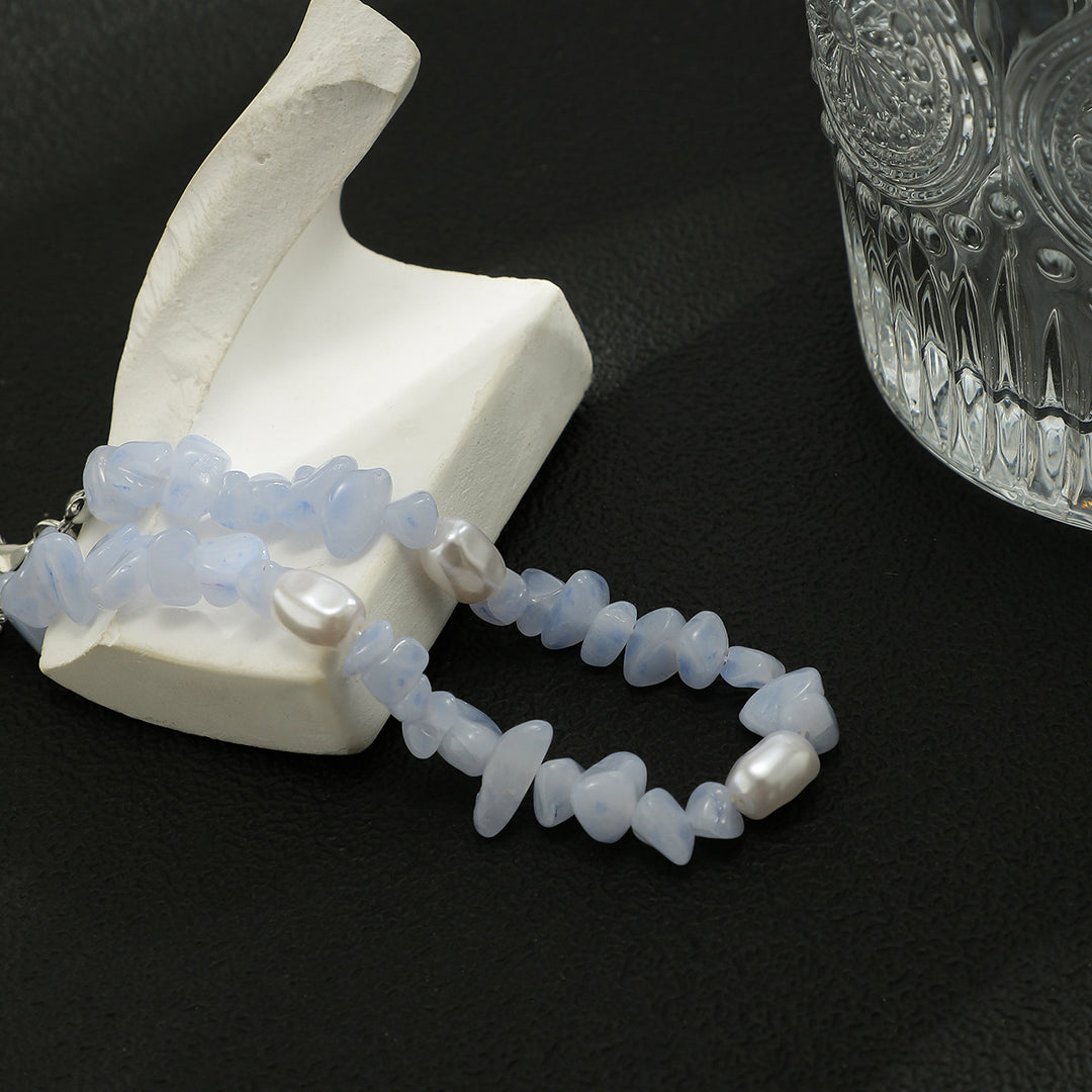 Bracciale da uomo in calcedonio blu naturale Olivenorma con perle d'acqua dolce