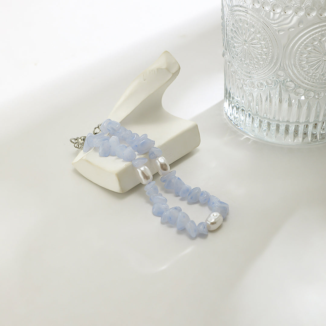 Bracciale da uomo in calcedonio blu naturale Olivenorma con perle d'acqua dolce