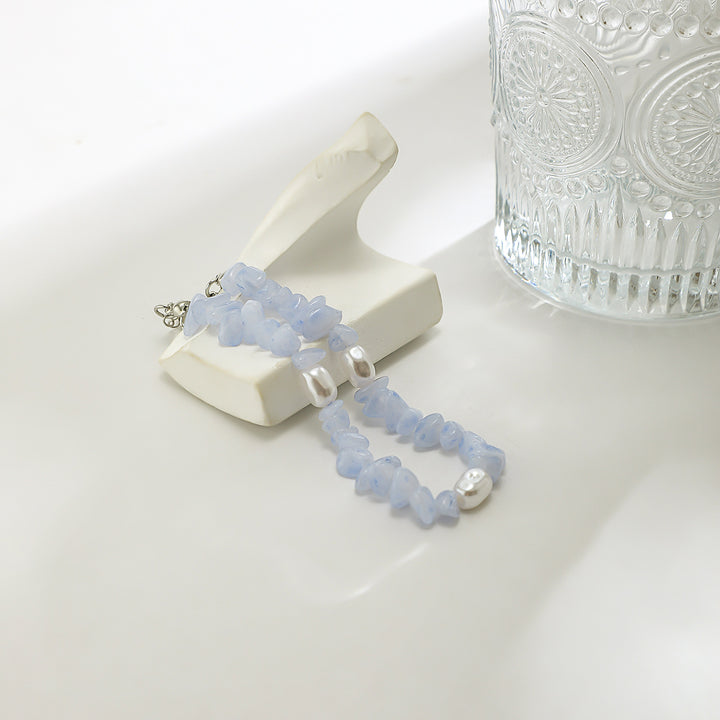 Bracciale da uomo in calcedonio blu naturale Olivenorma con perle d'acqua dolce