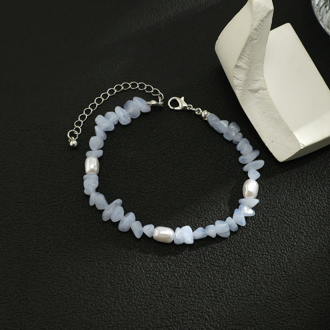 Bracciale da uomo in calcedonio blu naturale Olivenorma con perle d'acqua dolce