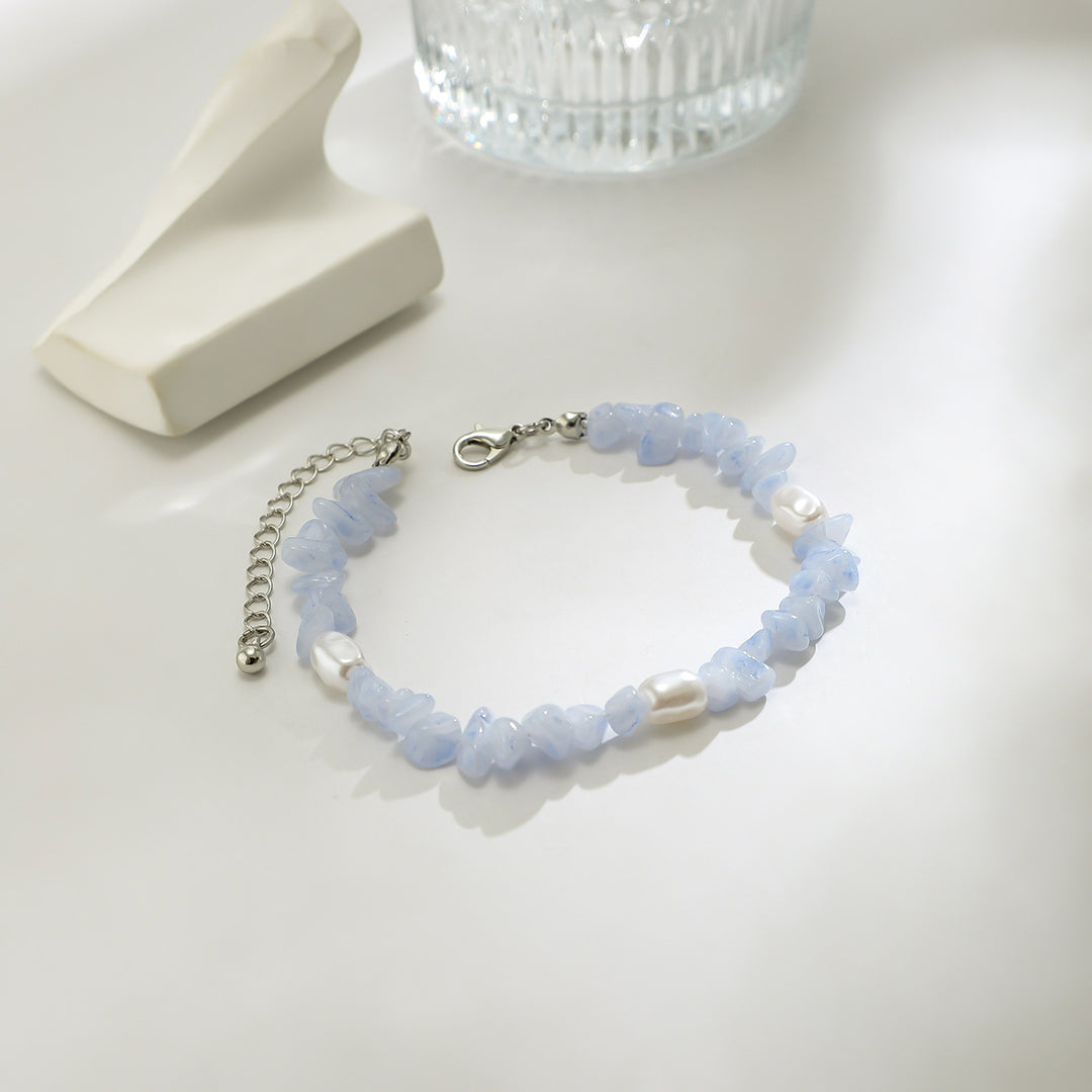 Bracciale da uomo in calcedonio blu naturale Olivenorma con perle d'acqua dolce