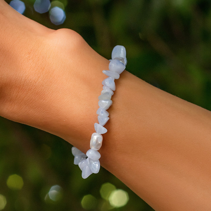 Bracciale da uomo in calcedonio blu naturale Olivenorma con perle d'acqua dolce