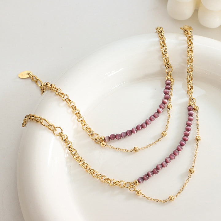 Bracciale Olivenorma in acciaio al titanio con pietra viola occhio di gatto a doppio strato 