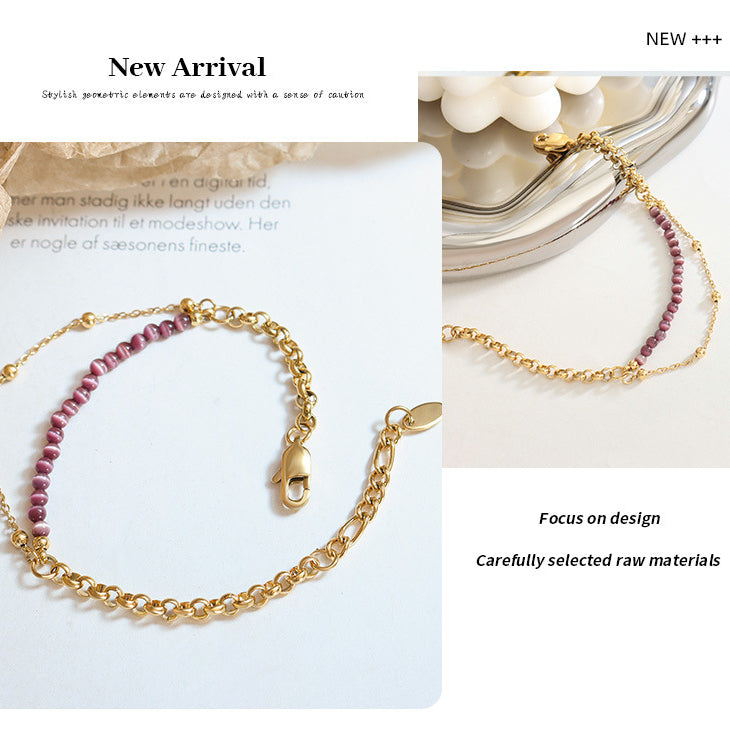 Bracciale Olivenorma in acciaio al titanio con pietra viola occhio di gatto a doppio strato 