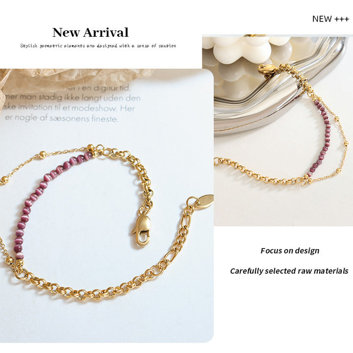 Bracciale Olivenorma in acciaio al titanio con pietra viola occhio di gatto a doppio strato 