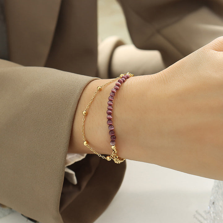 Bracciale Olivenorma in acciaio al titanio con pietra viola occhio di gatto a doppio strato 