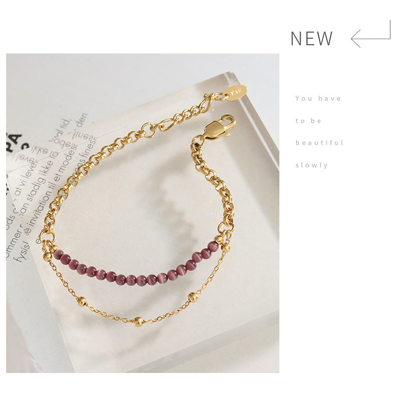 Bracciale Olivenorma in acciaio al titanio con pietra viola occhio di gatto a doppio strato 