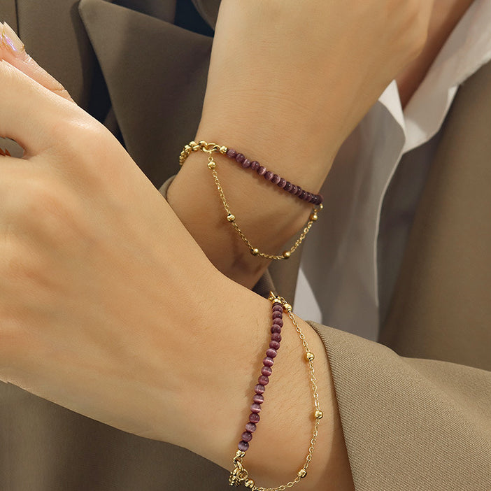 Bracciale Olivenorma in acciaio al titanio con pietra viola occhio di gatto a doppio strato 