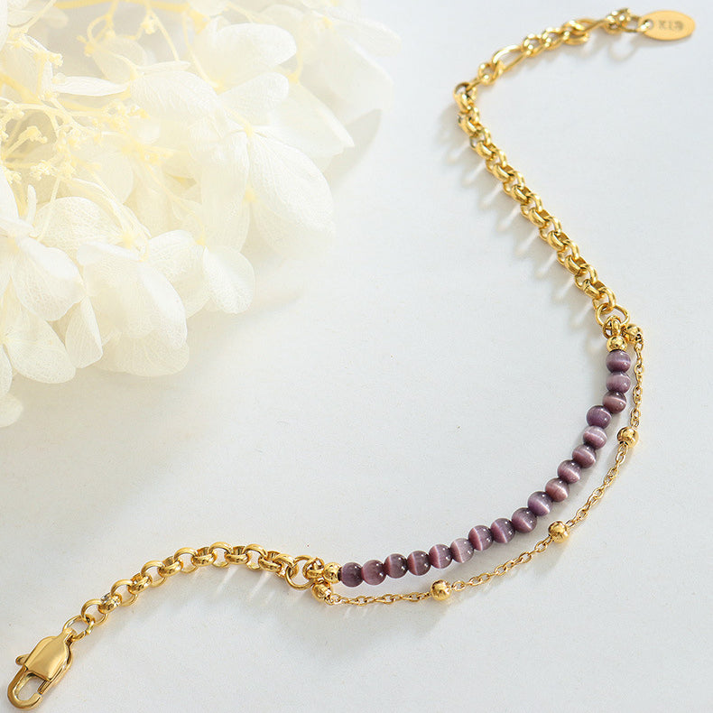 Bracciale Olivenorma in acciaio al titanio con pietra viola occhio di gatto a doppio strato 