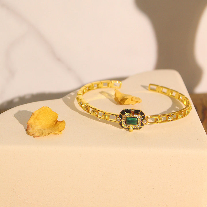 Olivenorma Bracciale rigido regolabile di alta qualità in onice nero e malachite