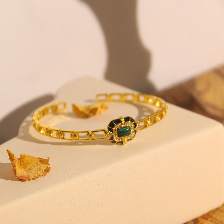 Olivenorma Bracciale rigido regolabile di alta qualità in onice nero e malachite